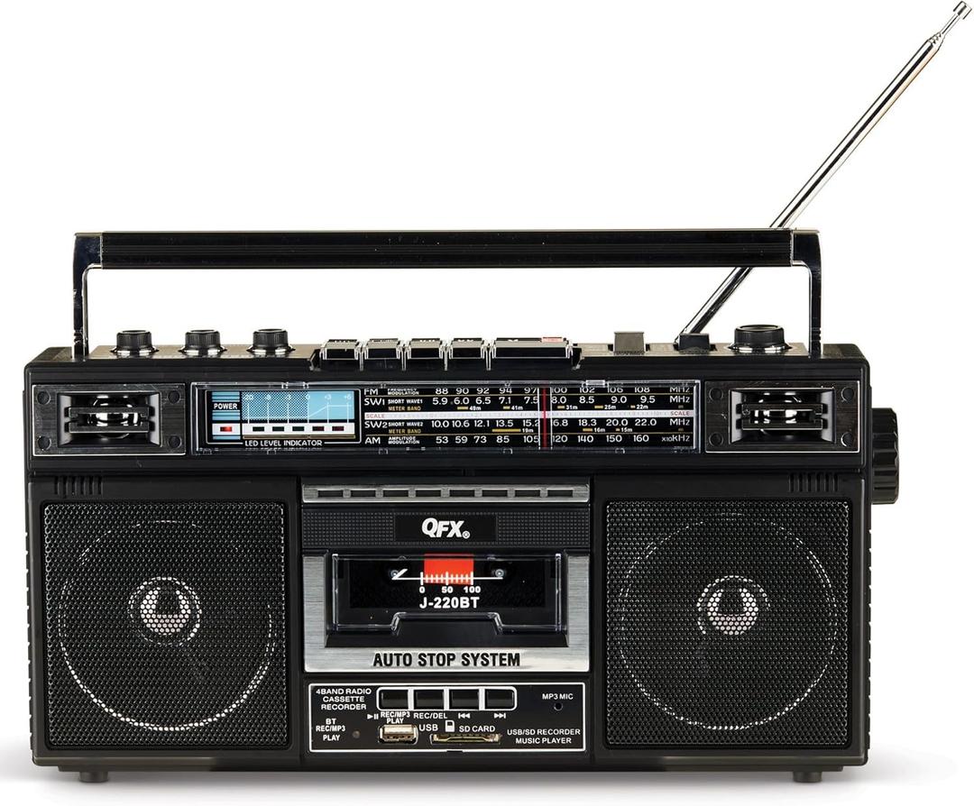 QFX J220BT Boombox MP3 Conversion from Radio to Cassette with 4Band (AM, FM, SW1, SW2) Radio with Bluetooth, Rechargeable Battery, Dual 3” Speakers, Builtin Microphone, Recorder, 3Band Equalizer