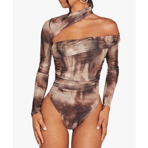Floerns Women's Tie Dye Asymmetrical Neck Leotard Long Sleeve Ruched Bodysuit Top, Size XL