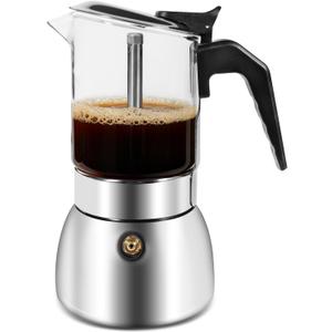 Moka Pot Stovetop Espresso Maker, Crystal Glass-Top & 304 Stainless Steel Italian Coffee Brewer, 300ml 6-Cup Espresso Pot for Home & Camping, Silver