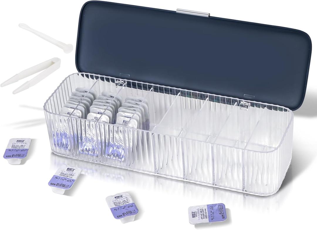 P-80 Daily Contact Lens Organizer with Remover & Tweezer, Disposable Lens Dispenser, Clear Plastic Box for All Brands (Blue)