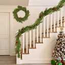 6 FT Christmas Norfolk Pine Garland Real Touch Artificial Greenery Garland Faux Pine Garlands for Mantel Fireplace Table Stairs Indoor Outdoor Christmas Decor, Bonus Gold Ribbon with LED Lights