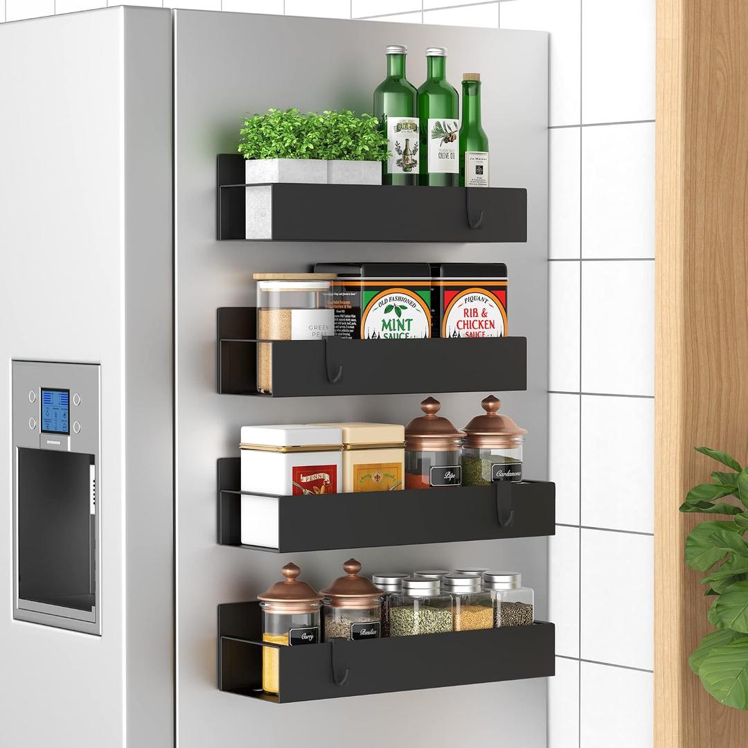 HuggieGems 4 Pack Magnetic Spice Storage Rack Organizer for Refrigerator and Oven, Matt Black Fridge Organizers and Storage