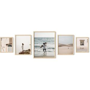 HAUS AND HUES Picture Frame Set - Set of 5 Wall Frames Collage Set, Collage Photo Frames, Natural Wood Picture Frames, Gallery Wall Decor, (Two 8x10, Two 11x14, One 16x20 Framed Beige) (York)