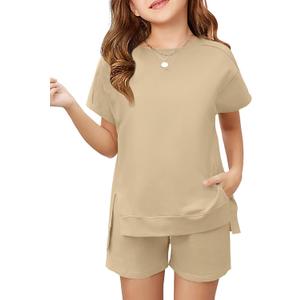 Haloumoning Girls 2 Piece Summer Outfits Kids Short Sleeve T-Shirts and Elastic Waist Shorts Clothing Sets (13-14 Years, Khaki)