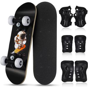 Honoson 7 Pcs Skateboard for Toddlers Beginners Knee Elbow Pads Wrist Guards Gear Set (Astronaut, Age 2-5 Kids 17 x 5'')