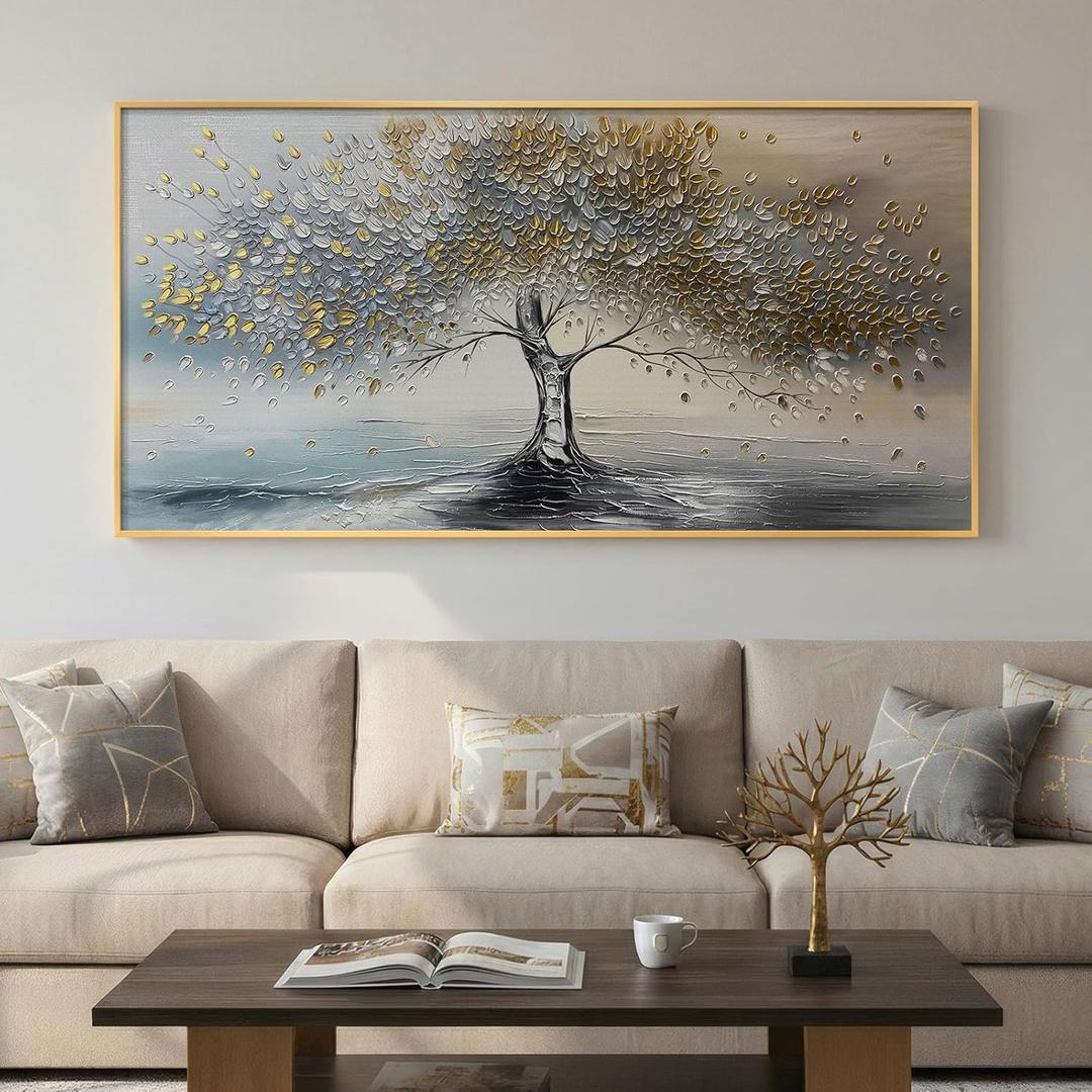 Large Gold Framed Tree of Life Wall Art for Living Room, Modern Abstract Blue Golden Tree Canvas Painting Prints, Luxury Artwork for Bedroom Hallway Kitchen Dining Room Office Wall Decor, 60x30 Inch