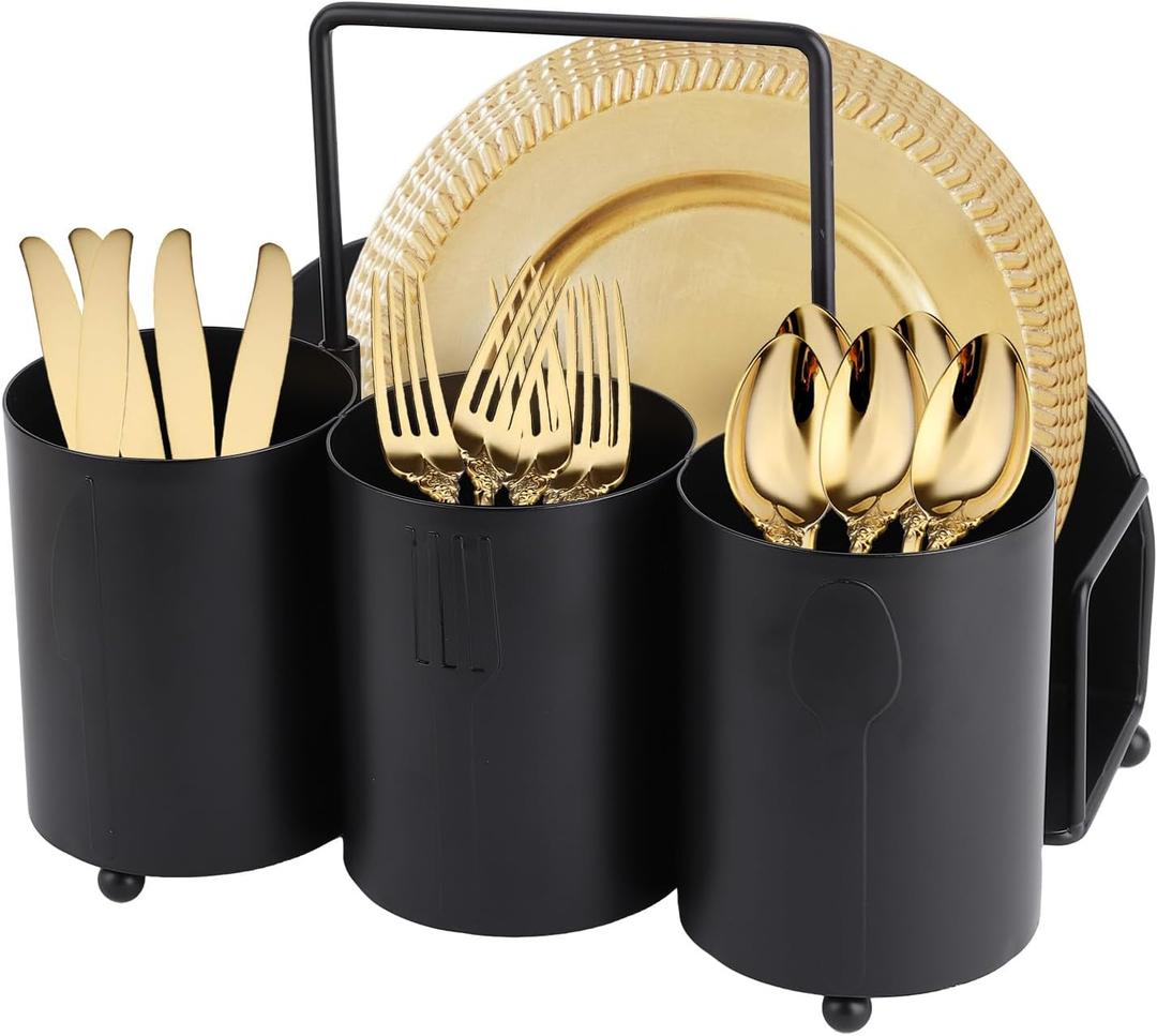 Utensil Caddy Silverware Holder Fork Spoon Napkin Paper Plate Organizer Metal Utensil Holder Cutlery Flatware Organizers for Party Kitchen Countertop Camping Picnic - Black