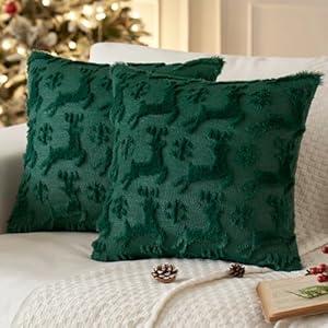 MIULEE Christmas Reindeer and Snowflakes Pillow Covers 18x18 Inch Dark Green Throw Pillows Set of 2 Decorative Festival Soft Fluffy Winter Pillow Covers for Home Decors Couch Sofa Livingroom Bed