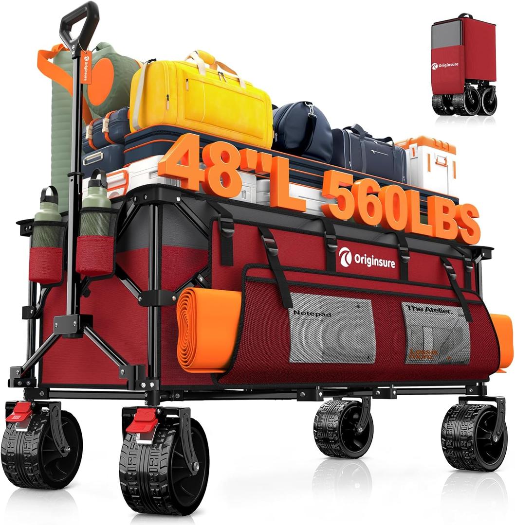 48" L Collapsible Wagon Cart Foldable, 560lbs Weight Capacity 300L Heavy Duty Folding Beach Wagons with Big All-Terrain Wheels, Utility Carts for Groceries, Shopping, Camping, Sports - Grey&Red