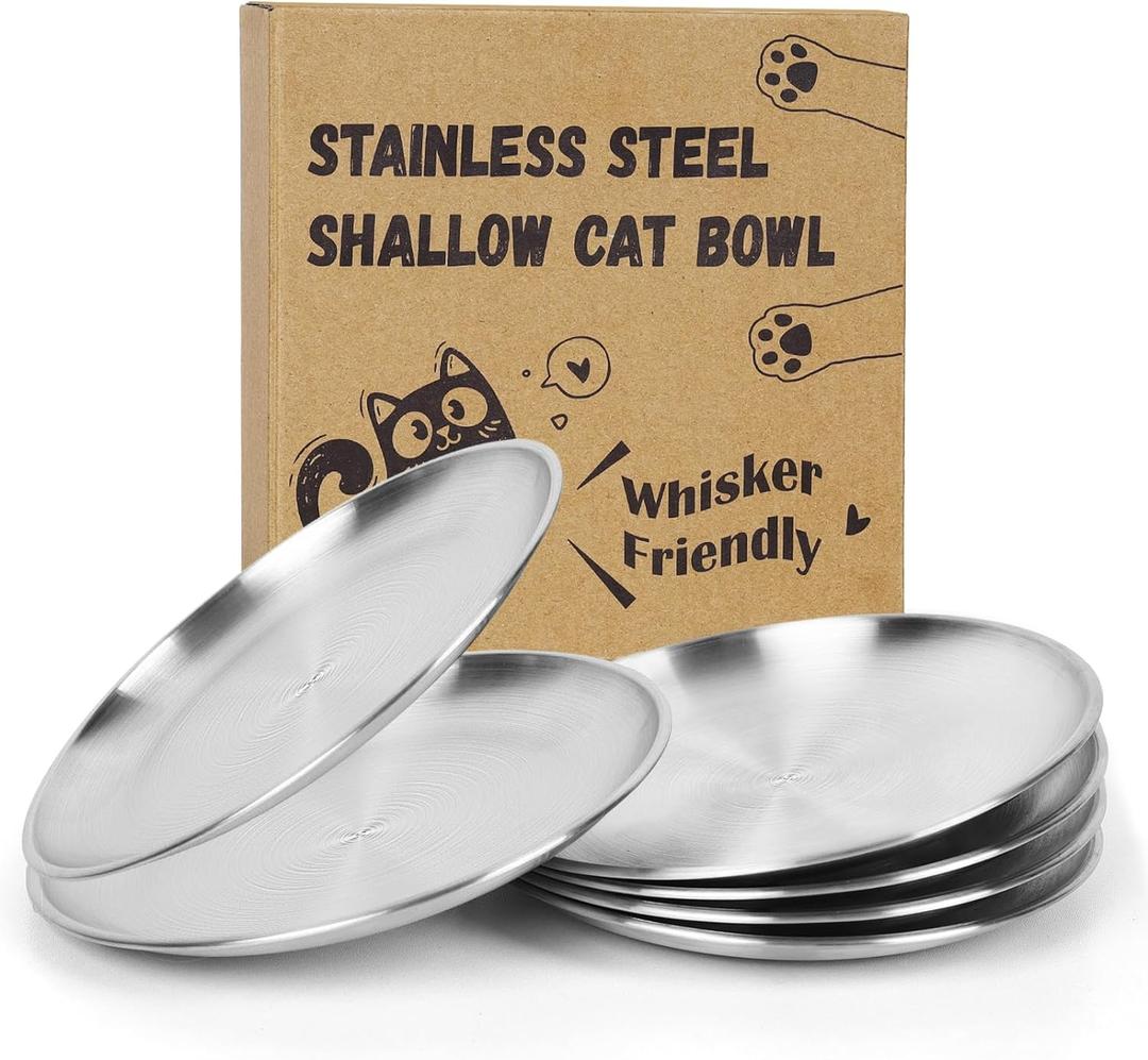 6-Pack Stainless Steel Cat Food Bowls  Shallow Whisker-Friendly Non-Slip Silicone Base,Easy to Clean Indoor Feeding Dishes(6.7")