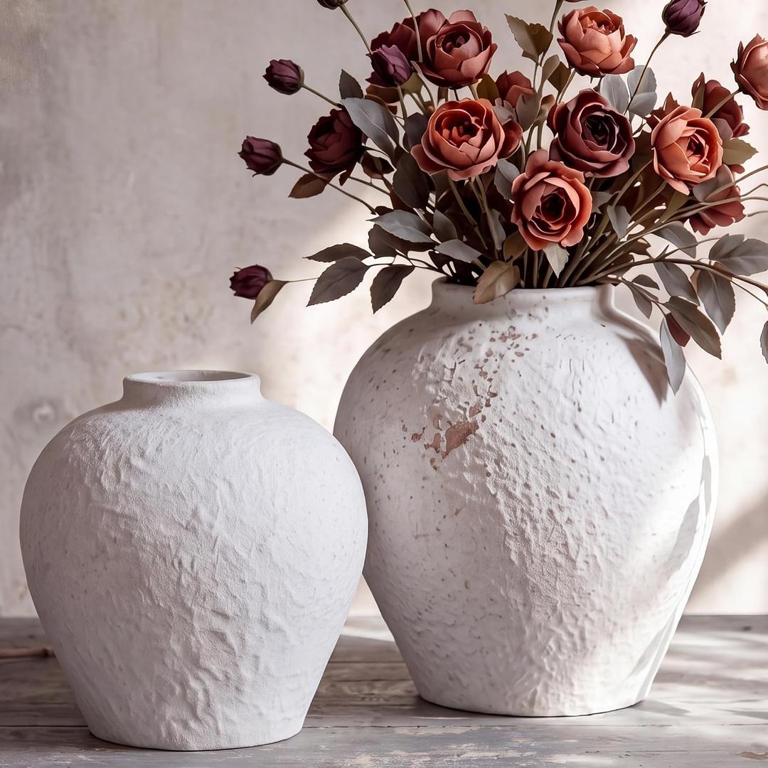 2 Pack Large White Ceramic Vase Set 10.8 Inch Zen Style Vase