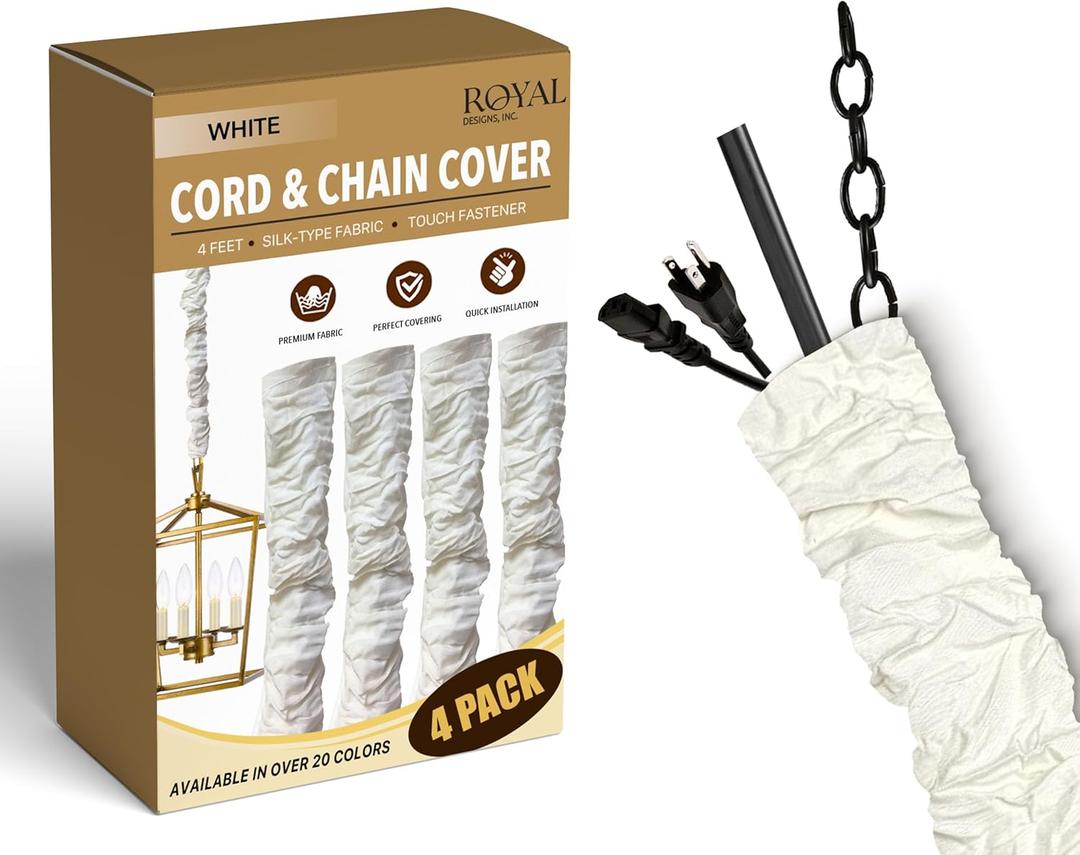 Royal Designs, Inc. Cord & Chain Cover 4 ft Silk Type Fabric, Chandelier Pendant Lighting Chain & Cable Management, Touch Fastener, White - 4 Pack