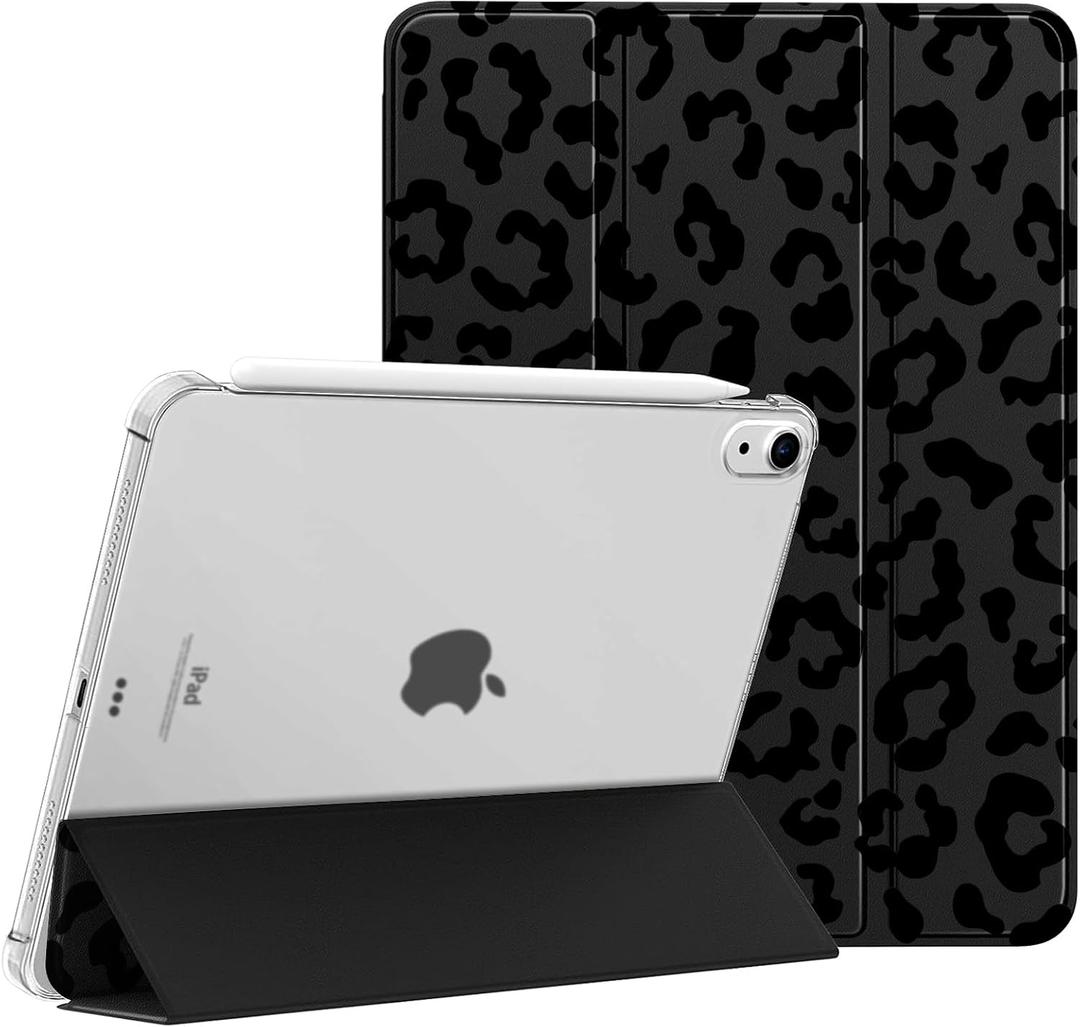 Compatible for iPad Air 6th 11-inch M2 (2024),iPad Air 5/4 (2022/2020 5th/4th Generation 10.9-Inch) Case with Pencil Holder Cute Black Leopard Soft TPU Trifold Stand Protective-Leopard