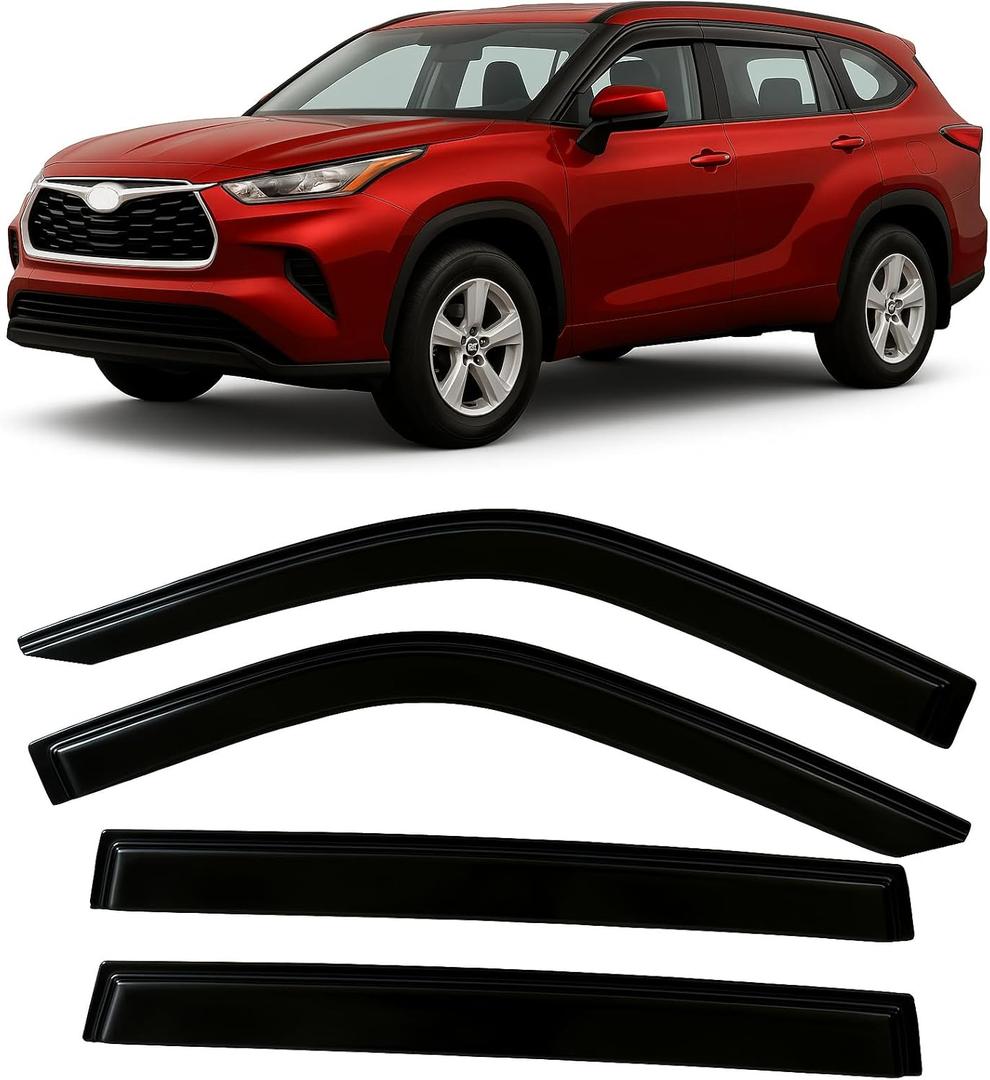 2020-2026 Tape-On Side Window Visor Deflectors for Toyota Highlander LE XLE XSE Hybrid Smoke Tinted Rain Guards 2020 2021 2022 2023 2024