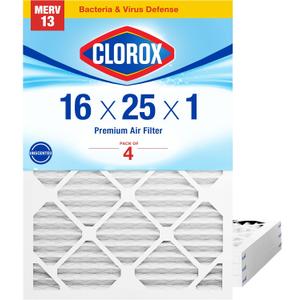 Clorox 16x25x1 Air Filter, MERV 13 Pleated HVAC AC Furnace Air Filters for Allergies, Pet Dander, Smoke and more, MPR 1500 & FPR 10 Pack of 4