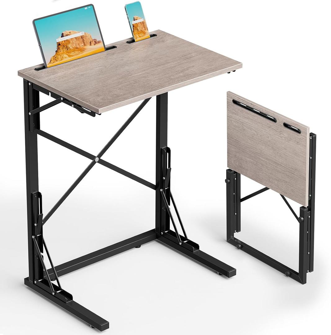 21''Wx28''H Folding TV Tray, Small Foldable C-Shaped End Table for Eating with Tablet and Phone Slots, Slide Under Couch Side Table for Recliner, Living Room, Bedroom, Deep Grey (Greige)