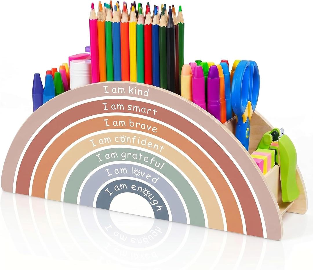 Back to School Boho Rainbow Pen Holder, 11.5" x 4.8" Desk Wooden Inspirational Positive Affirmations for Office Supplies Classroom Art Supply Makeup Brush Storage for Kids Present