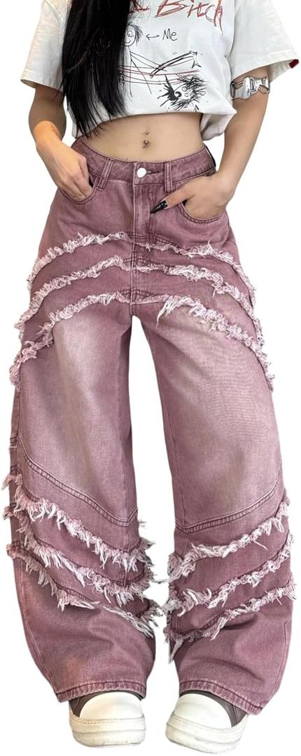 Womens Baggy Jeans Wide Leg Denim Pants Y2k 90s Vintage Hip Hop Loose Long Trousers Streetwear (Red, M)