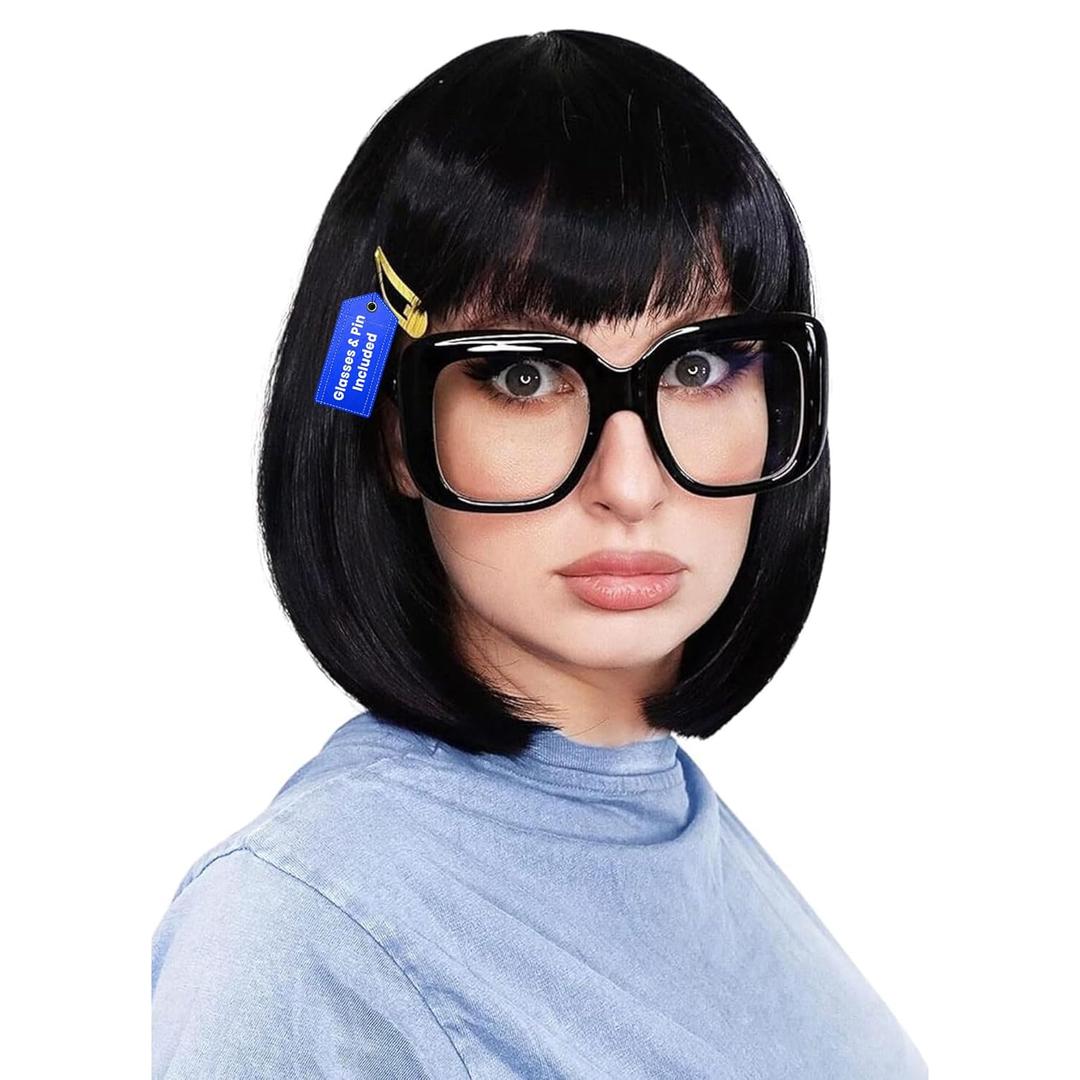 ALLAURA Tina Belcher Wig + Black Glasses + Yellow Hair Clip Set, Edna Black Bob Wig – Compatible with Tina Belcher Costume Adult
