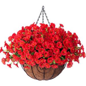Artificial Fake Hanging Flowers Plants Baskets for Outdoor Outside Spring Summer Decoration, Faux Silk Red Morning Glory in Planter UV Resistant Realistic for Home Porch Patio Balcony Garden Yard (12 Bundles)