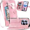 Zipper Wallet Case for Xiaomi Redmi Note 15 Pro 5G with 7 Card Slots, Women Retro Embossed Flower Flip PU Leather Cover with Kickstand & Wrist Strap Lanyard for Redmi Note 15 Pro 5G SZY Pink