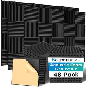 Knightsacoustic 48 Pack Sound Proof Foam Panels for Walls with Self Adhesive, 12x12x1 Acoustic Foam Panels, High Density Acoustic Panels Sound Absorbing, Fire Resistant Studio Sound Proofing Black