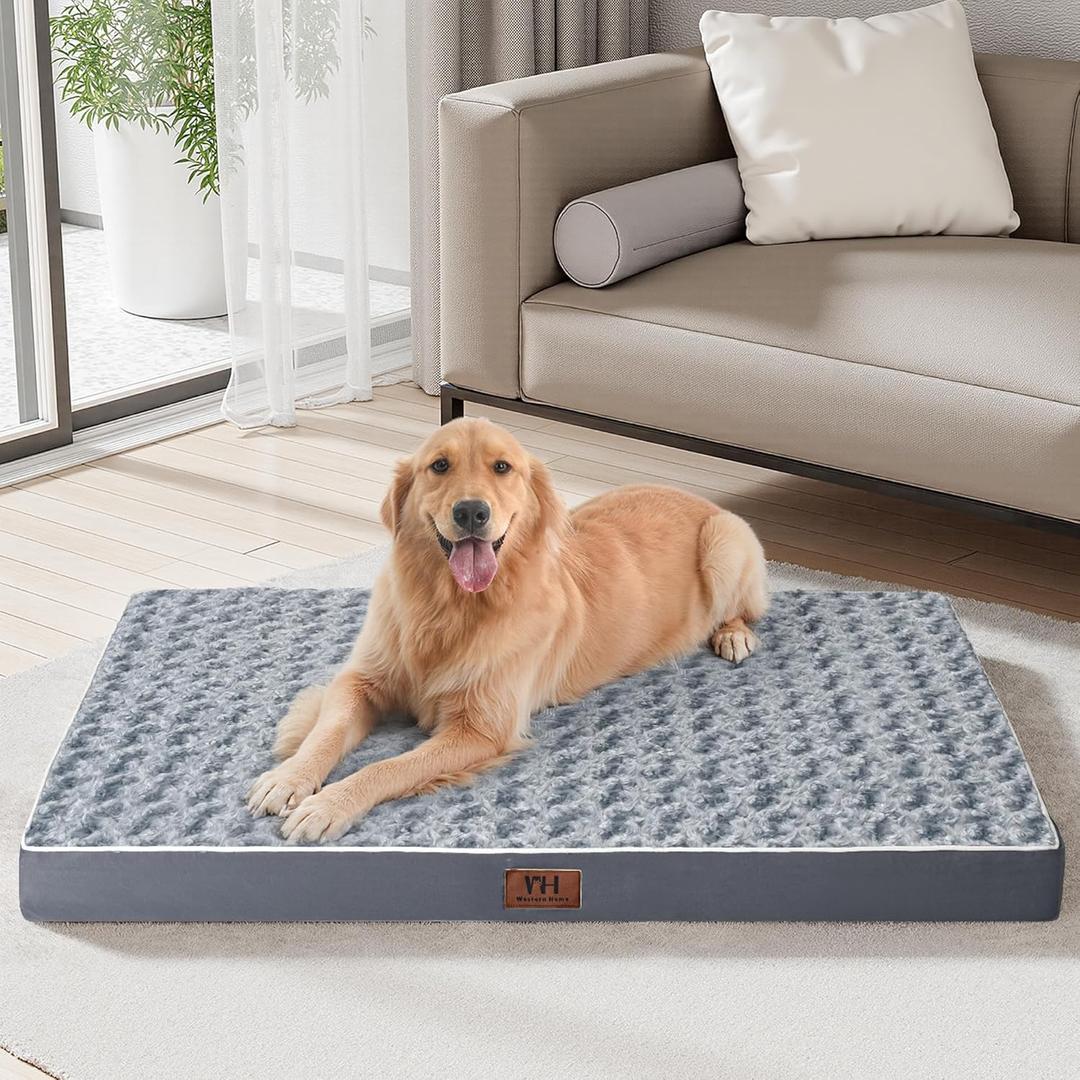WESTERN HOME WH XL Dog Beds Large Sized Dog with Soft Rose Plush Removable Washable Cover, Egg Crate Foam Support and Non-Slip Bottom, Waterproof Orthopedic Dogs Bed Pet Mat, 42 x 30 Inch (Grey)