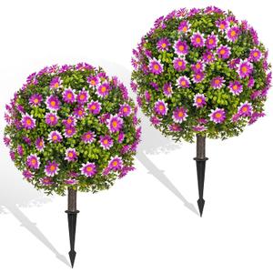 Faux Outdoor Plants - 18" Wide Set of 2 Artificial Boxwood Plants Outdoor, UV Resistant Artificial Topairy Ball Trees with Spike for Outdoor Decor (Purple Mum)