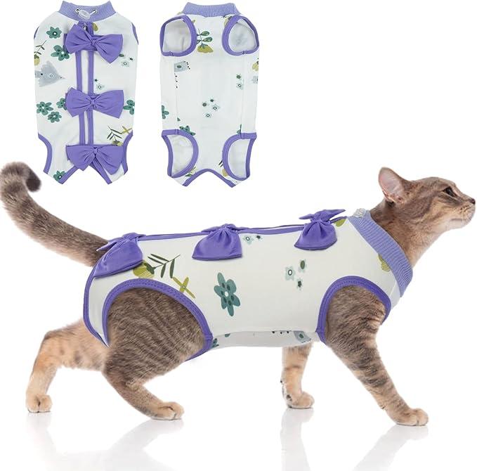 DENTRUN Cat Surgery Recovery Suit Female Male Soft Onesie, Kitten Surgical Collar Cone Alternative Shirt, Abdominal Wounds Anti-Licking Pajama for Small Pets Spay, Cat Body Suit Post Surgery (XL, Purple)