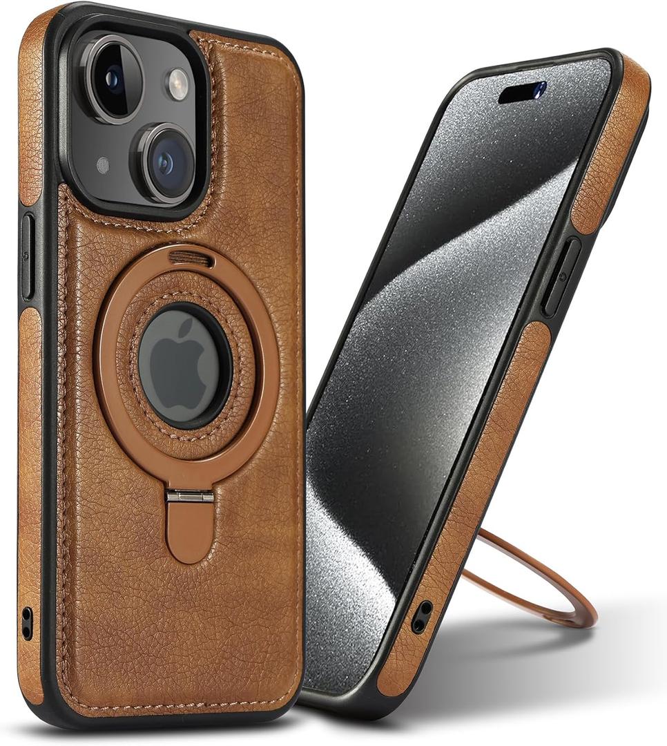 Magnetic for iPhone 14/13 Leather Case,Invisible Stand [Compatible with Magsafe] Slim Kickstand Phone Cove (Brown, iPhone 14/13)