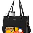 Laptop Tote Bag with Lunch Compartment for Women - 15.6 Inch Computer Vegan Leather Work Bag Handbag, Large Insulated Leakproof Lunch Box Bag with Shoulder Strap