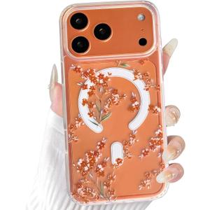NITITOP Compatible for iPhone 17 Pro Case Cute Clear Magnetic Compatible with MagSafe Cute Flowers Floral Leaves for Women Girls Hard PC Back Shockproof Protective Cover - Orange