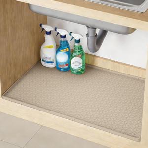 TRZZ Silicone Waterproof Under Sink Mat 34" x 22", Drip Tray and Cabinet Liner for Kitchen and Bathroom, Prevents Water Damage and Organizes Cabinets (Khaki)