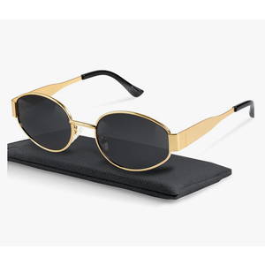 livho Retro Polarized Sunglasses - UV400 Protection, Oval Shape, Metal Frames - Matching Soft Case Inlcuded