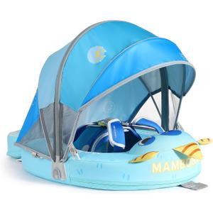 Mambobaby Float with Canopy Size Improved Non Inflatable Infant Baby Pool Float Smart Mambo Float Swim Trainer Add Tail Swim Float Mambo Float Solid Air Free Water Waist Swimming Ring (Monster Blue)