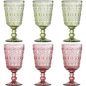 SOUJOY Set of 6 Vintage Glass Goblet, Colored Wine Glasses 10oz, Handmade Pressed Water Drinking Cup with Stem for Party, Wedding, Bar