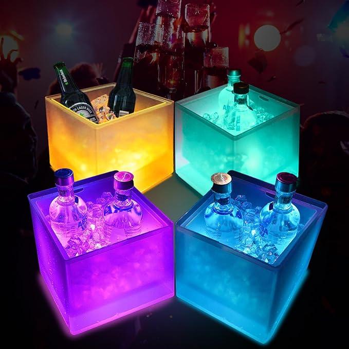 SMETA LED Ice Bucket Color Changing LED Cooler Bucket 3.5L, Double Layer Square Storage Cube Beer Ice Buckets, Portable Champagne Wine Drinks Cocktail Bucket for KTV Parties Bar Home Wedding, 1PCS