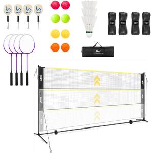 NQV Pickleball Set with Net-10FT Half Court Size Pickleball Net+Wood Pickleball Paddles+Pickle Balls+Ball Retrievers+Pickleball Court Marking Kit, Portable Driveway Outdoor Indoor for Beginners Pros