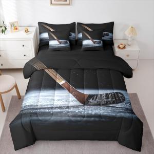 Erosebridal Kids Ice Hockey Queen Comforter Set 7 Pieces, Boys Teens Men Bed in A Bag for Bedroom, Hockey Puck Bedding Set with Comforters, Sheets, Pillowcases Winter Ice Sports Theme Bedroom Decor