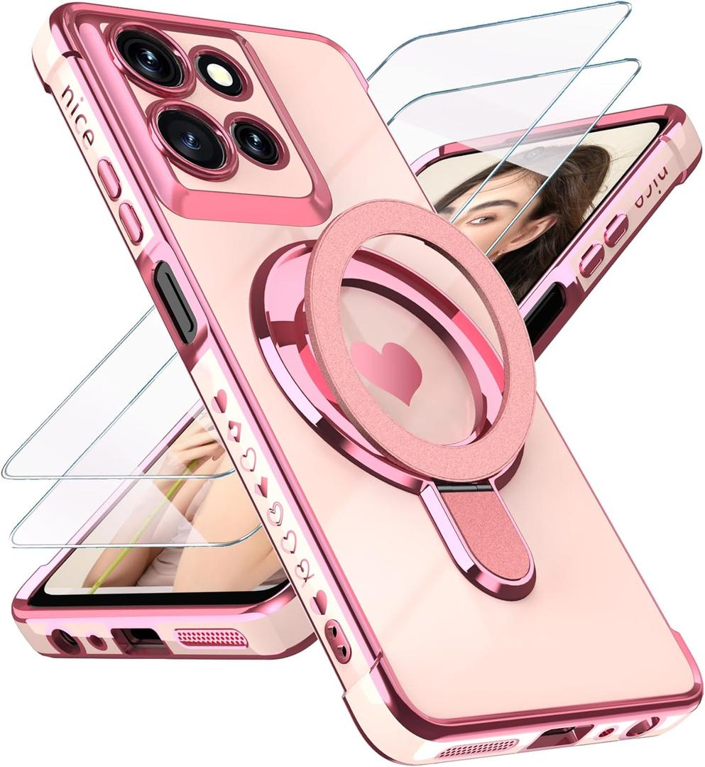 for Motorola Moto G 5G 2025 Love Heart Kickstand Case with 2X Screen Protector: Luxury Plated Gold Edge Slim Soft TPU Shockproof Protection Case Cover for Moto G 5G 2025 (Pink)