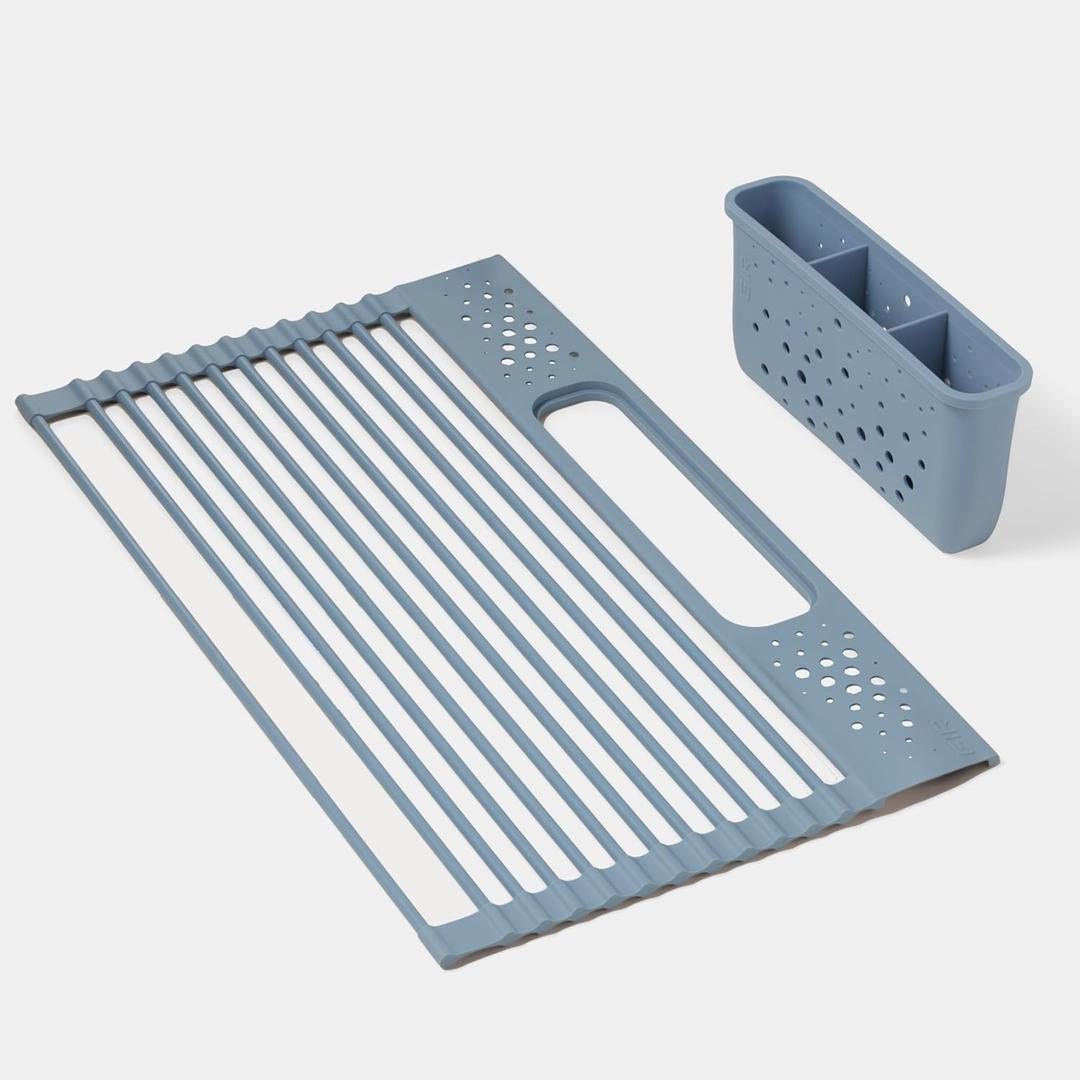 GIR Over-the-Sink Drying Rack - Silicone-Coated Metal Dish Drying Mat with Removable Utensil Caddy - Durable and Heat Resistant Trivet and Cooling Rack, Space-Saving Kitchen Organizer - Slate