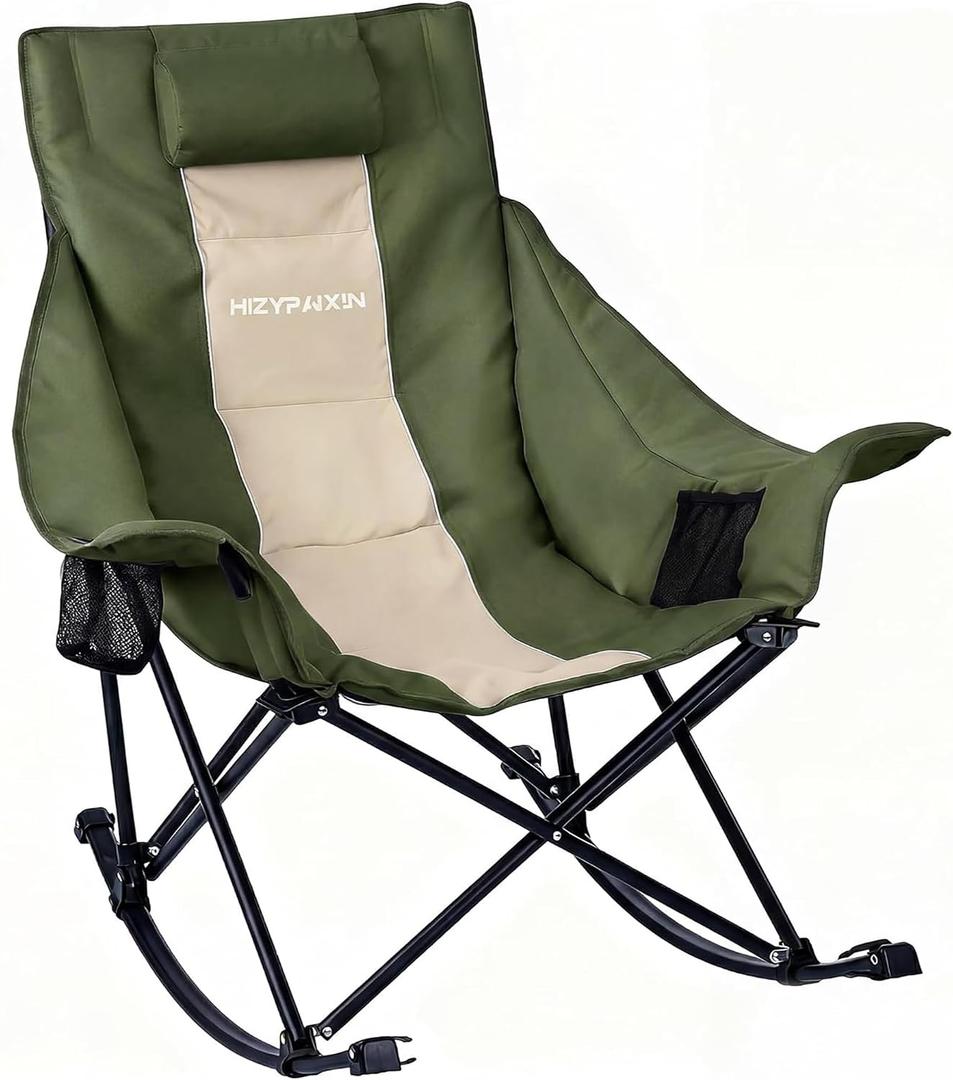 Oversized Rocking Camping Chair for Adults with Headrest, Portable Rocking Chair with Cup Holder, Side Pocket & Carry Bag, 400 lbs Heavy Duty Outdoor Rocker Chair for Camp, Patio, Green