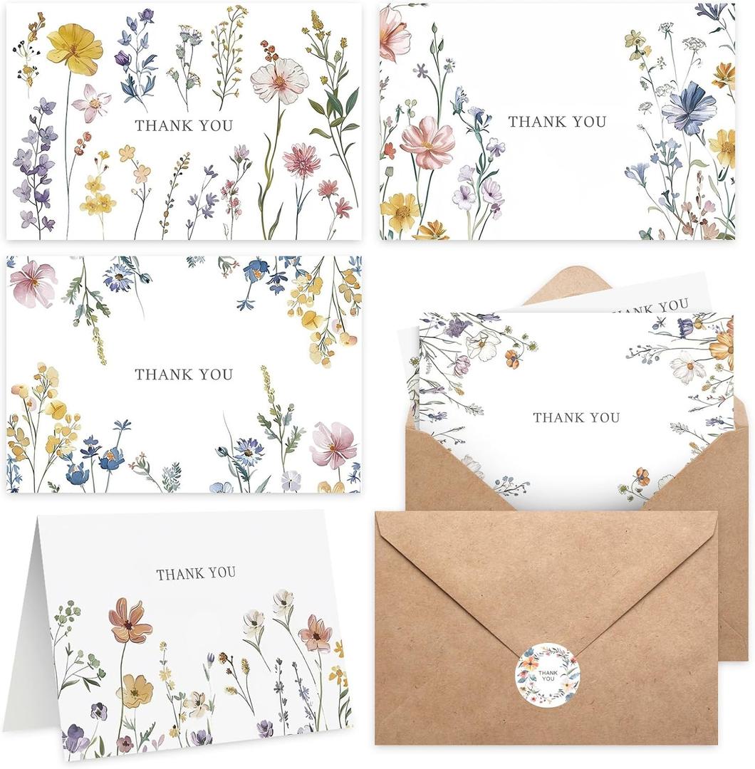 102 PACK Floral Thank You Cards With Envelopes (4"x6") - Wildflower Blank Cards With Adhesive Envelopes & Matching Stickers for Wedding, Bridal Showers, Baby Showers, Birthday, All Occasion