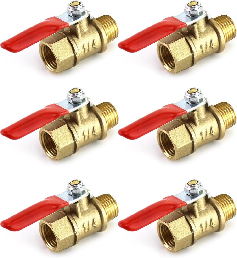 QWORK Ball Valve, 6 Pack 1/4" Heavy Duty Brass Ball Valve Shut Off Switch, 1/4" Male x Female NPT Thread Pipe Fitting Air Compressor Shut Off Valve