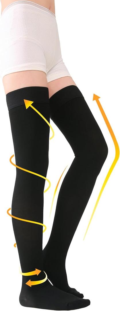 TOFLY Thigh High Compression Socks for Women & Men, Closed Toe 15-20mmHg Graduated Medical Compression Stockings with Silicone Band, Opaque Support Stockings for Varicose Veins, Edema, DVT,Black XL