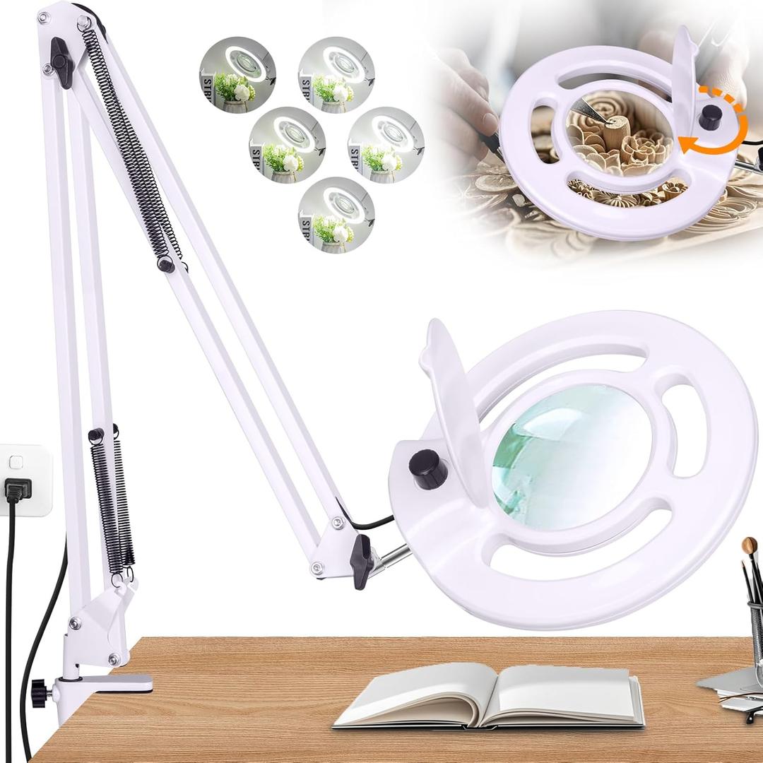 10X Magnifying Glass with Light and Stand, NUEYiO 2200 Lumens Stepless Dimming LED Magnifier Lamp, Adjustable Swing Long Arm Magnifying Light, Hands Free Craft Lamp for Projects Soldering Workbench (White)