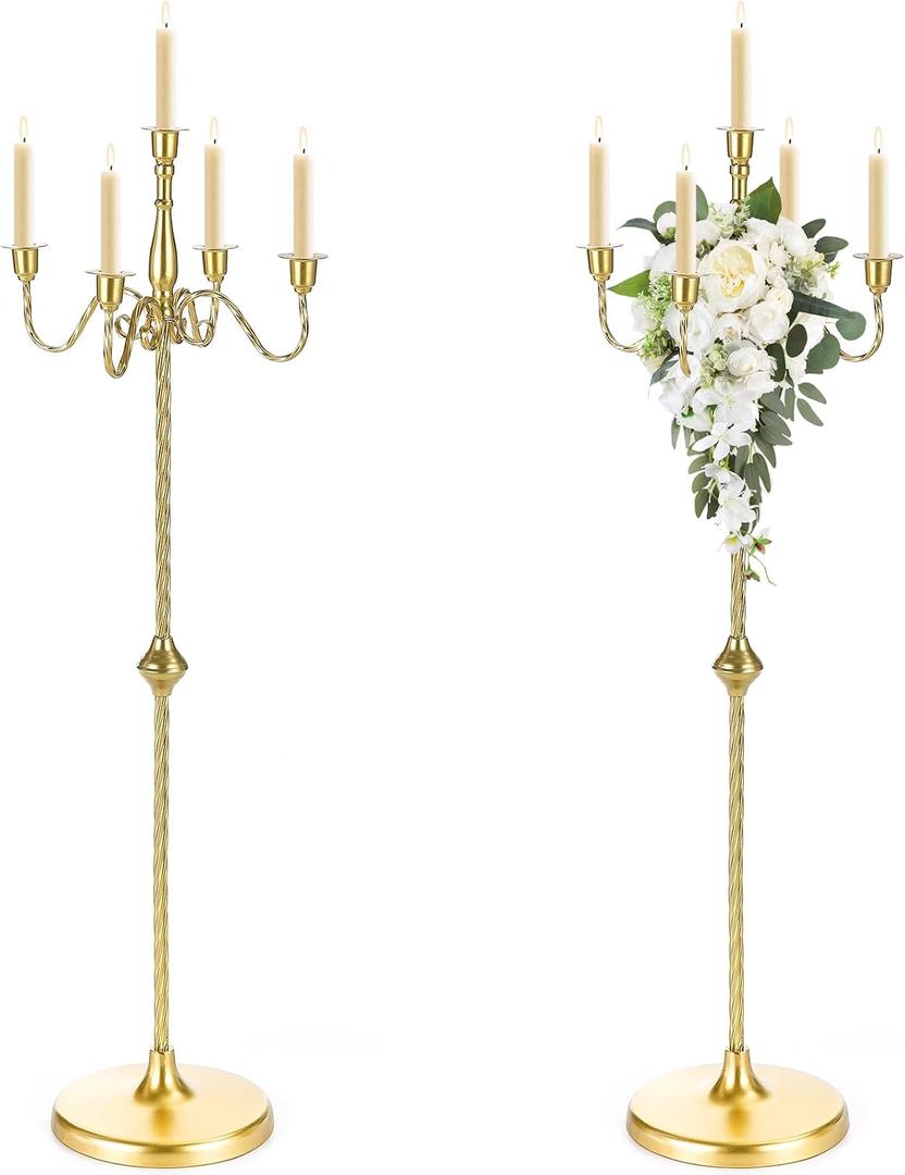 42.7 Inch Floor Candelabra Candle Holder Set of 2, 5 Arms Gold Candlestick Holders, Tall Candelabras Centerpiece for Taper Candles, Metal Standing Candlesticks for Wedding Birthday Party Home Decor