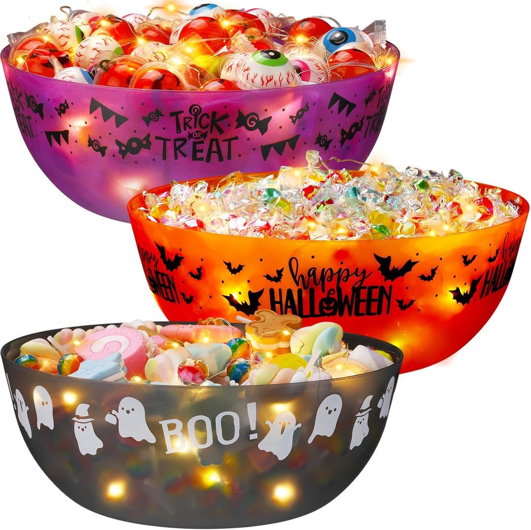 Tioncy 3 Pcs Halloween Candy Bowl and 3 Pcs Light 9.45'' Large Outdoor Candy Bowls for Porch with Bat Ghost Plastic Serving Dishes for Food Chip Dip Halloween Party Supplies Decor Treats