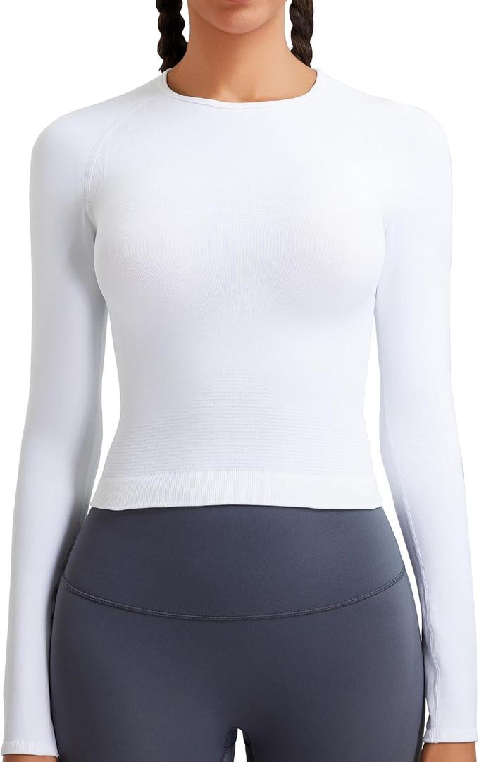 RUNNING GIRL Long Sleeve Yoga Shirts for Women, Soft Fitted Seamless Stretchy Casual Crew Neck Athletic Basic Shirt (S)