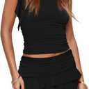 HESUUIO Women's Two Piece Skirt Set Summer High Waist Ruffle Y2K Mini Skirts Sleeveless Crop Tops Going Out Outfits (Black) Size S
